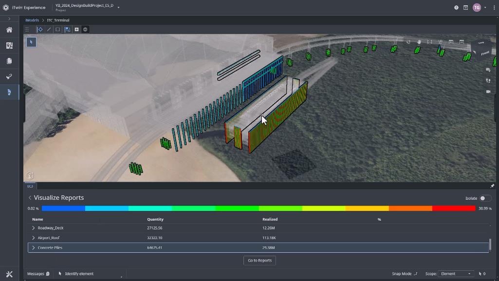 Bentley System's software creates three-dimensional heat maps of infrastructure projects, like this airport, that can help pinpoint where embodied carbon can be mitigated in a way everyone can understand. (Image courtesy of Bentley Systems.)