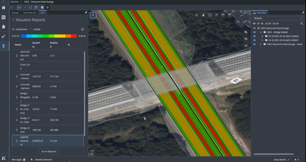 Engineers can use Bentley Systems' iTwin Experience and Carbon Analysis tool to create multiple digital models of infrastructure like bridges and compare the embodied carbon of each option. (Image courtesy of Bentley Systems.)