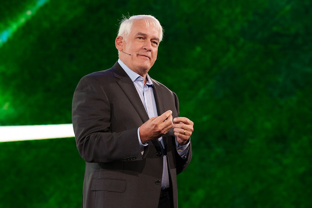 Chris Bradshaw, Bentley Systems' chief sustainability officer, speaking at the company's 2024 Year In Infrastructure conference. (Image courtesy of Bentley Systems.)