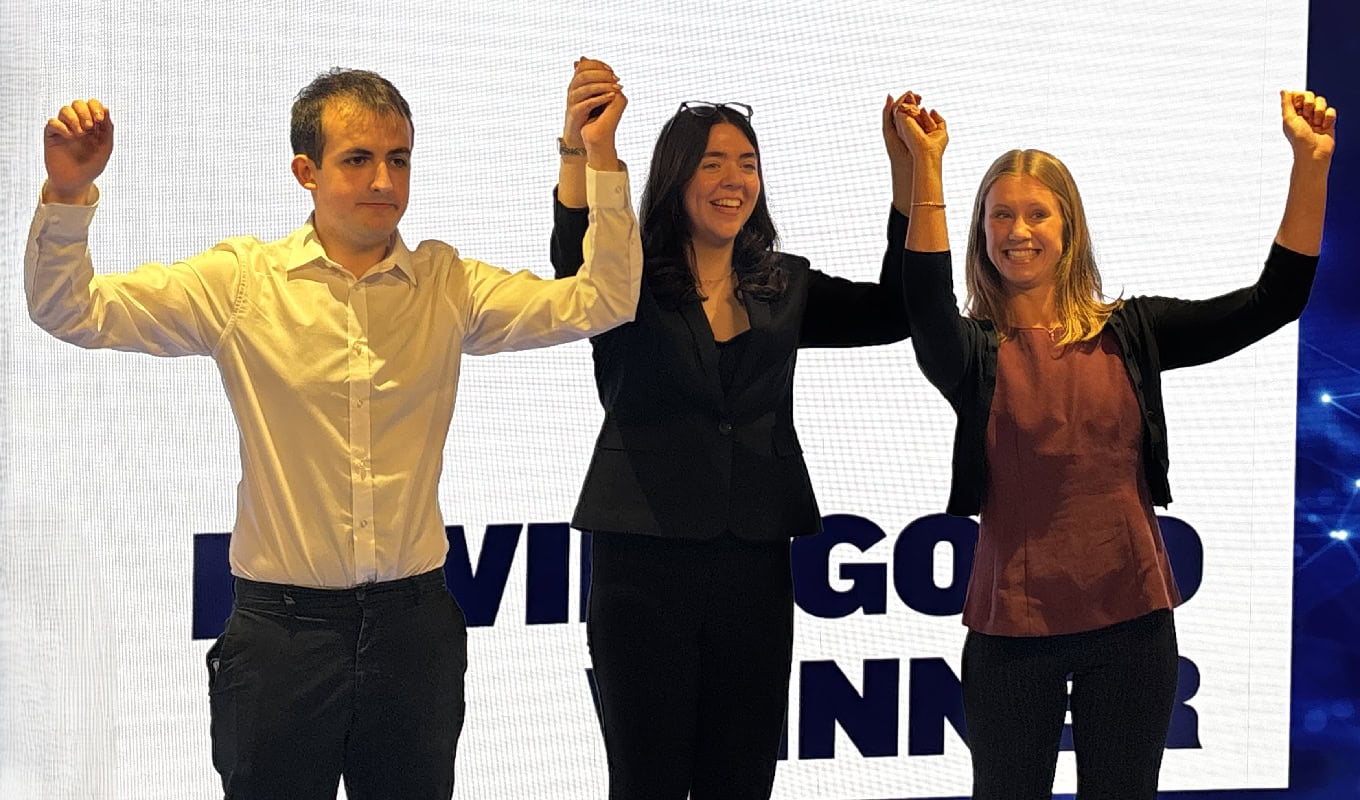iTwin4Good winners, SiTESalvage (Enactus UK & Ireland), are pictured left to right: Harry Sharp (University of Huddersfield), Laura Fleming (University College Dublin), and Steph Sullivan (University of Manchester). (Image courtesy of Bentley Systems and Enactus)