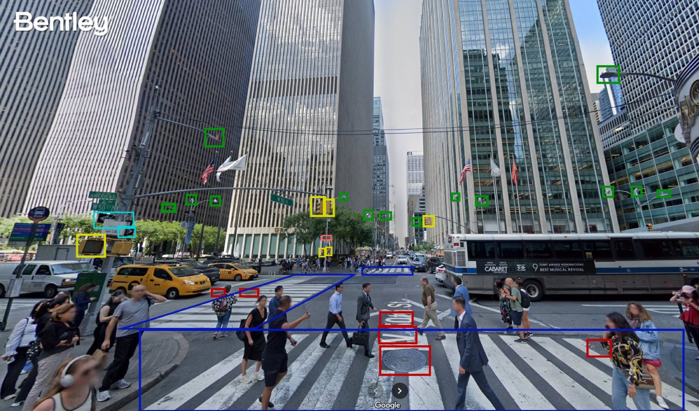 An example of how Bentley&rsquo;s Blyncsy technology can be used with Google Street View imagery to detect roadway issues and assets, from potholes and crosswalk paint condition to street signs and traffic lights. (Image courtesy of Bentley Systems)