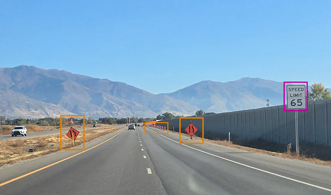Using AI image analysis, Blyncsy’s comprehensive public map of U.S. interstate highways can identify key roadway assets such as speed limit signs and traffic cones.