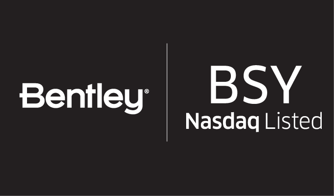 Black background with the Bentley Systems logo on the left and the text 'BSY Nasdaq Listed' on the right.