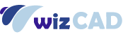 Logo von wizcad mit stilisiertem Text und abstrakten Designelementen.