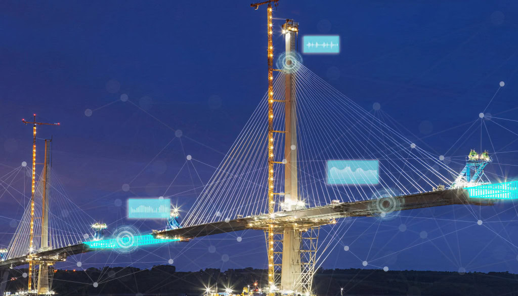 A cable-stayed bridge under construction at dusk, with digital graphs and network icons superimposed to suggest smarter infrastructure projects and advanced data analysis.