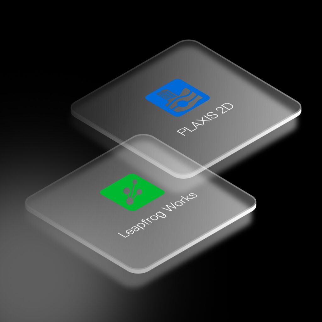 Two transparent overlapping tiles display icons and text on a dark background: a blue tile labeled "PLAXIS 2D" for Geotechnical Analysis and a green tile labeled "Leapfrog Works" for 3D Geological Modeling.