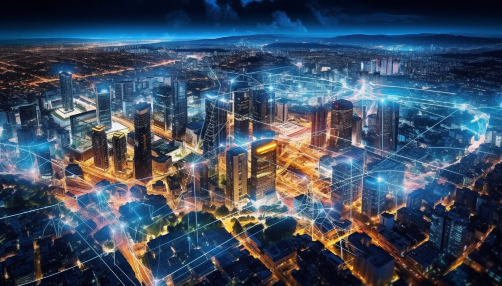 Aerial view of a city at night with illuminated skyscrapers and digital network lines overlaying the buildings, showcasing smarter infrastructure and advanced connectivity in modern cities.