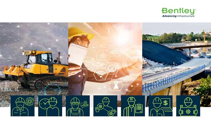 Collage of construction images including a worker using SYNCHRO, heavy machinery, and bridge construction, with Bentley logo and "advancing infrastructure" slogan.