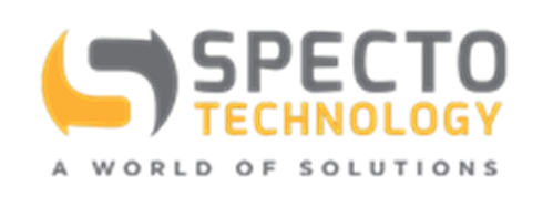 Logo for Specto Technology with the tagline "A World of Solutions" in gray and yellow text next to a stylized gray and yellow graphic.