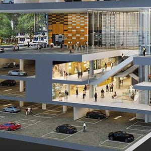 Simulazione 3D della progettazione di un edificio commerciale