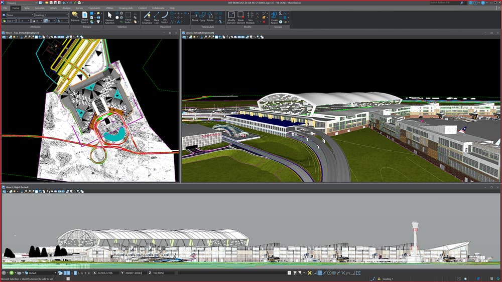 A 3D rendering of a building and an airport utilizing MicroStation.