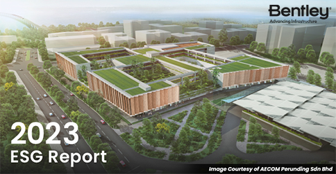 Thumbnail image of the cover of the 2023 ESG report with a buildings in the background during the day time | Bentley Systems | Infrastructure Engineering Software Company Thumbnail image of the cover of the 2023 ESG report with a buildings in the background during the day time