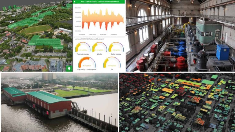A collage showing energy graphs, industrial equipment in a large room, aerial views of buildings, and colorful 3D maps of city layouts, inspired by Bentley Founders’ Honors achievements in infrastructure innovation A collage showing energy graphs, industrial equipment in a large room, aerial views of buildings, and colorful 3D maps of city layouts, inspired by Bentley Founders’ Honors achievements in infrastructure innovation.