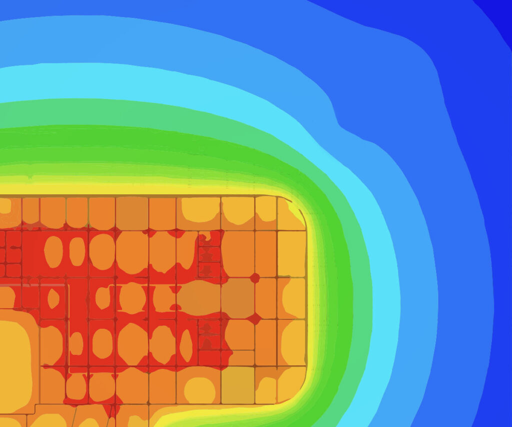 A heat map showing the temperature of a building.