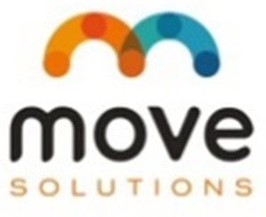 Logo for "Move Solutions" with stylized orange and blue arches forming an "M" above the company name in bold black and gold lettering.
