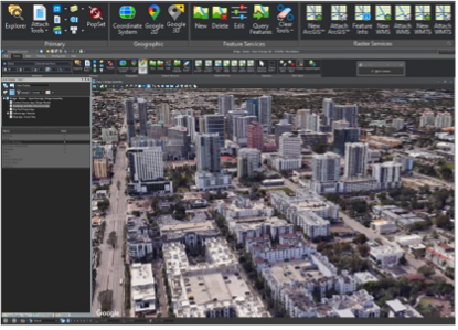 A computer screen displays MicroStation software with GIS features, showing a 3D aerial view of an urban cityscape, including buildings, streets, and map analysis tools for MicroStation users in the interface.