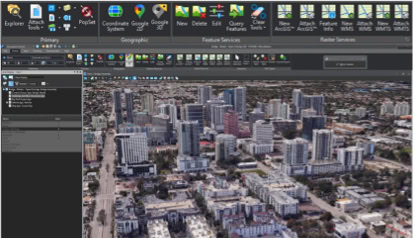 A computer screen displays a 3D city map with various mapping and GIS tools visible in the MicroStation 2026 software interface.