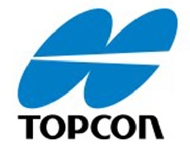 Blue abstract logo resembling two leaves or wings above the word "TOPCON" in bold black letters.