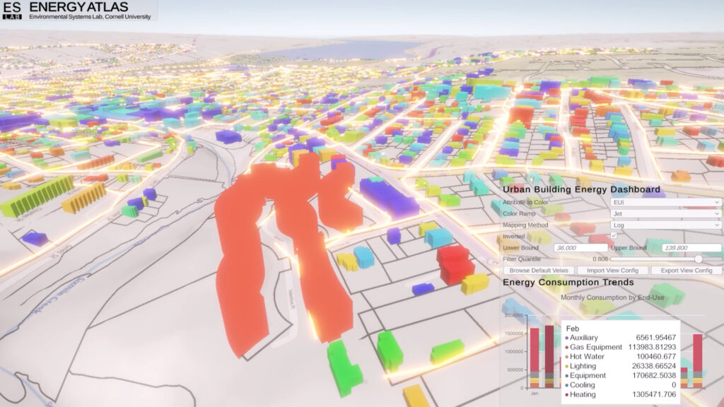 3D map visualization, powered by the Energy Atlas, shows color-coded buildings representing varying energy consumption levels, with an on-screen energy dashboard displaying detailed consumption data and trends for decarbonizing Ithaca initiatives.