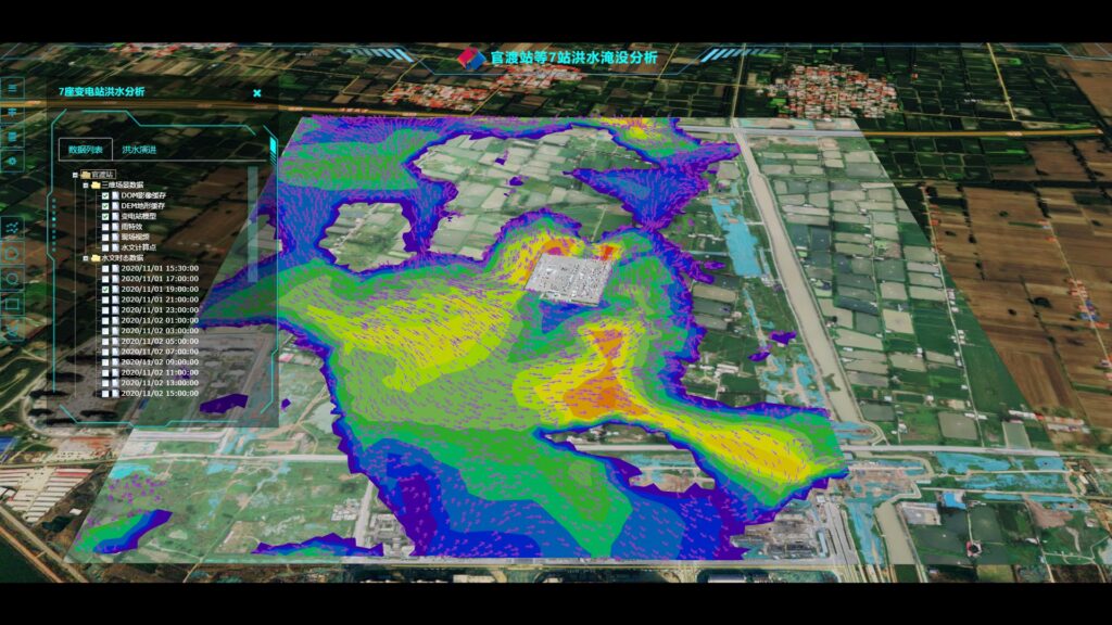 A 3D map shows flood simulation data with color-coded water depth and flow vectors over a rural area; ideal for Flood Monitoring and Early Warning System planning, with simulation timestamps listed on the left.