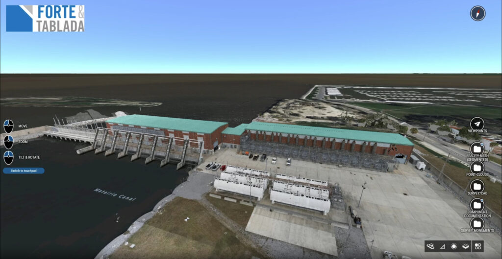 Aerial view of a hydroelectric dam facility and adjacent buildings near the 17th Street Canal, including a pump station, parking area, and water flowing through sluice gates; the Forte Tablada logo appears in the top left corner.