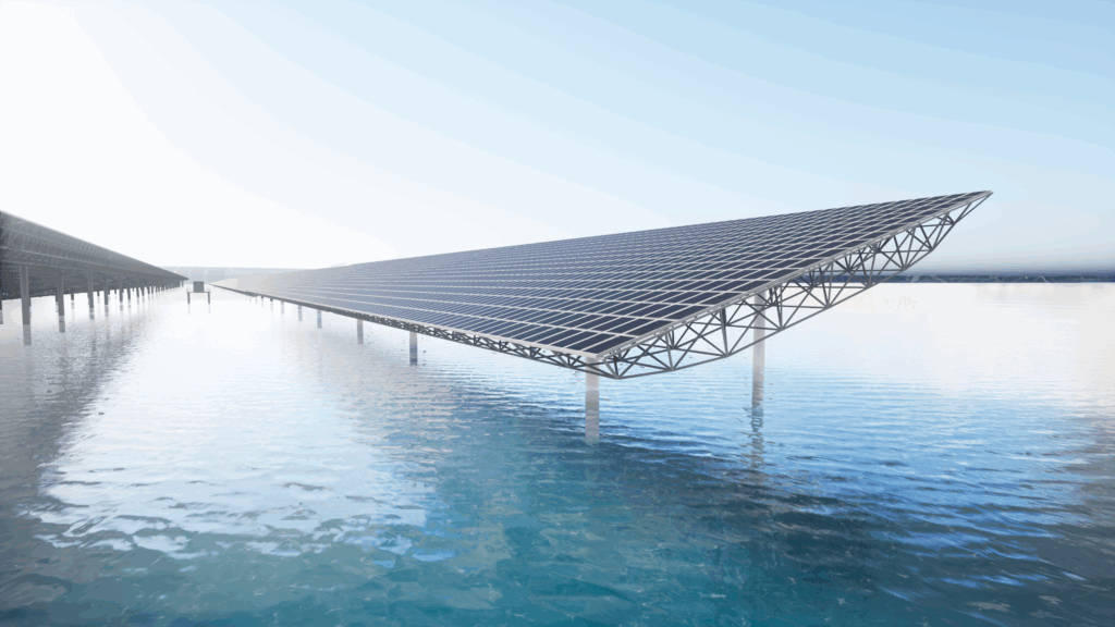 Rows of solar panels are mounted on metal structures above a body of water, reflecting sunlight and showcasing innovative offshore photovoltaic structures for clean energy installation.