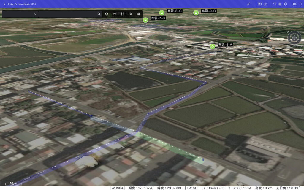 3D map view of an urban area in Chiayi County with marked routes and labeled points, displaying roads, fields, and buildings; coordinates, real-time water monitoring data, and map information shown at the bottom.