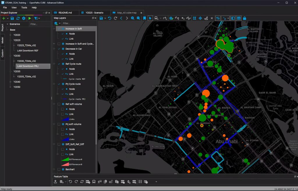 A digital map interface displays Abu Dhabi's city grid with highlighted routes and colored data points in green, orange, and red, representing micromobility locations and data sets within the Strategic Transport Model.