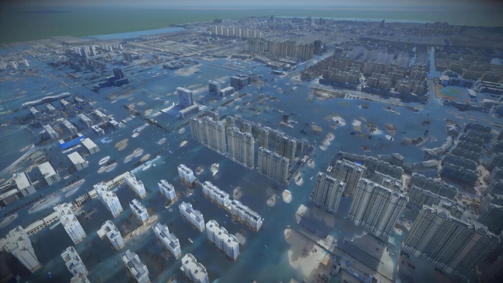 A cityscape with high-rise buildings is shown extensively flooded, highlighting strained drainage capacity as water submerges streets and lower levels of structures.