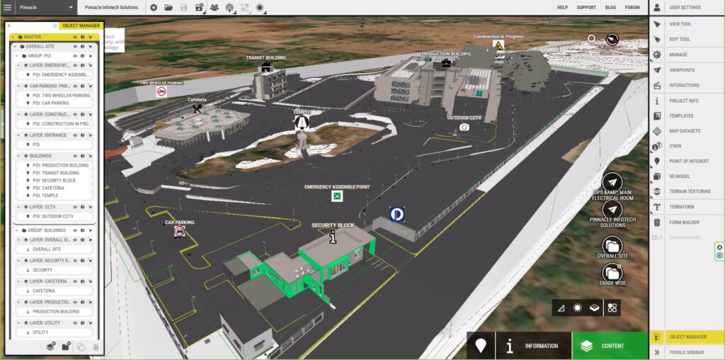 A 3D digital map interface displays labeled airport structures, taxiways, and various tools and options in a sidebar and control panel for the Madurai Campus of Pinnacle Infotech Solutions.