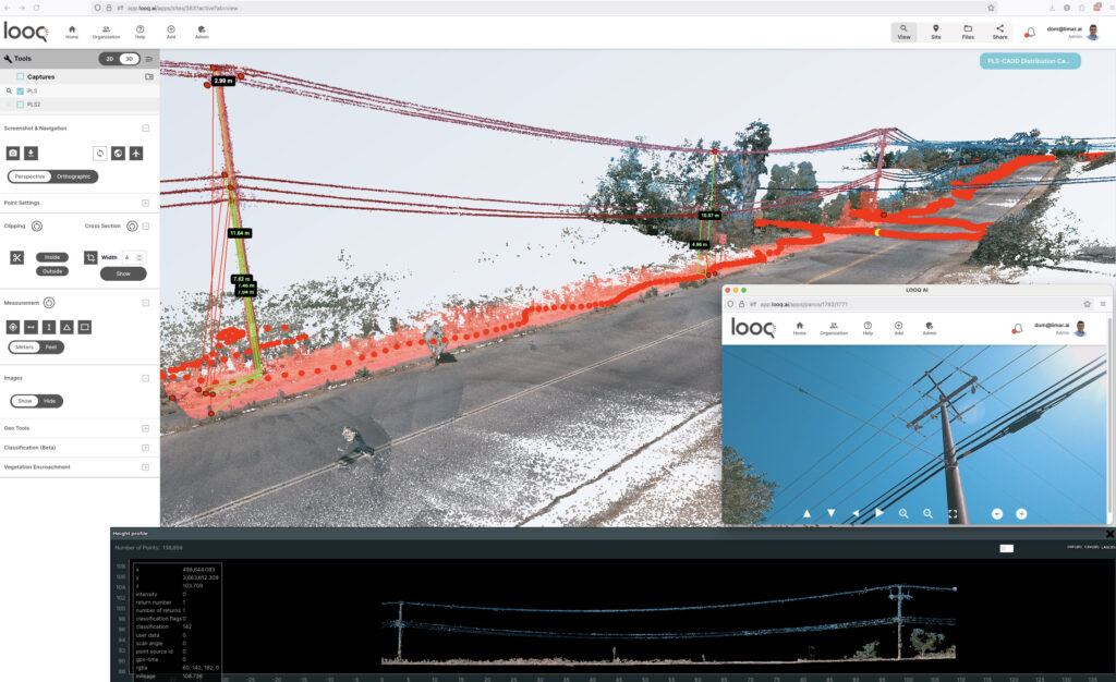 Screen displaying utility pole analysis software with 3D point cloud data, power lines highlighted in red, smart pole modeling features, imagery of utility poles, and various measurement tools and data panels visible.