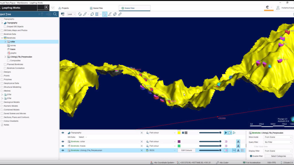 3D topographic model with yellow terrain surface, blue background, and pink markers, displayed in mining or geological software interface for data-driven geotechnics and resource access in Papua.