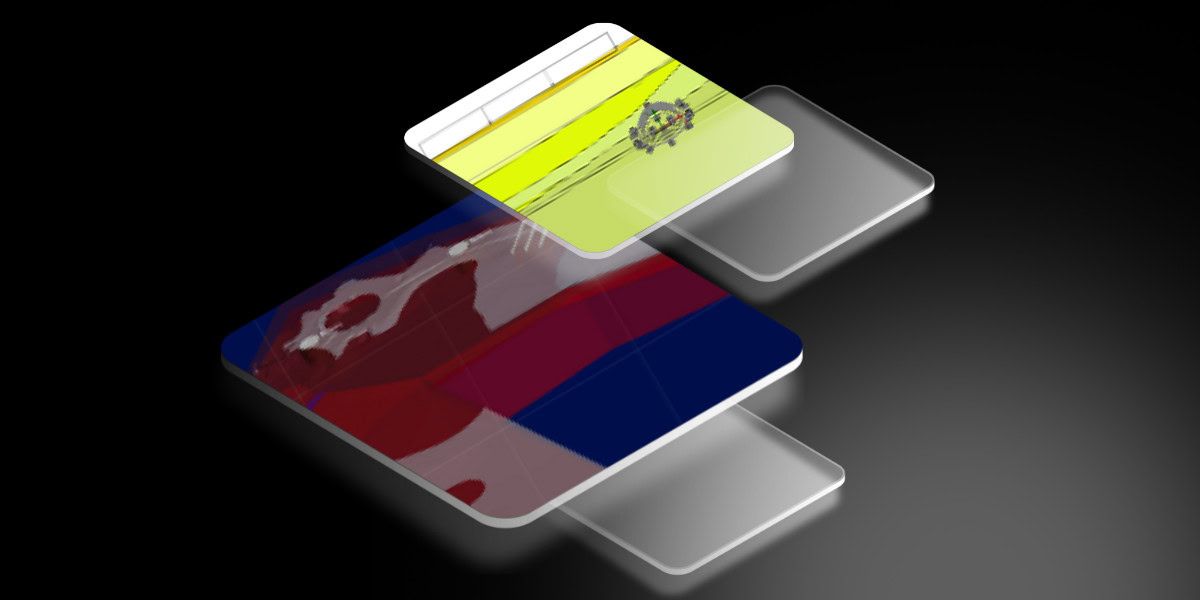 Three translucent rectangular tiles overlap on a dark background; the top tile displays a yellow scene with a small vehicle, while the lower tile features abstract red, blue, and white shapes inspired by 3D Geological Modelling.