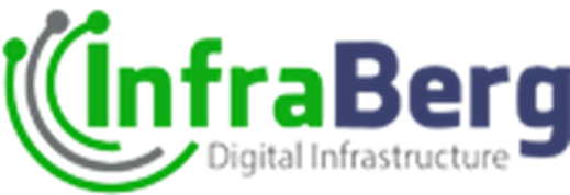 InfraBerg logo with green and blue text and stylized arcs and dots on the left; the tagline reads "Digital Infrastructure.