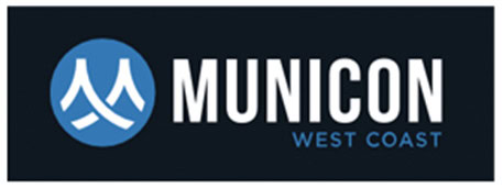 Municon West Coast logo with a blue circular icon on the left and white text on a dark background.