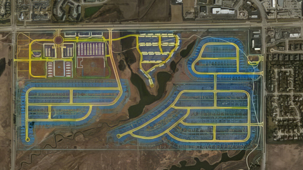 Aerial view of a residential development under construction with outlined streets and plots, captured during an OpenSite webinar series.