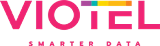 Logo for Viotel with the text "VIOTEL" in pink, a colorful horizontal bar above the letter "E," and the phrase "SMARTER DATA" below.