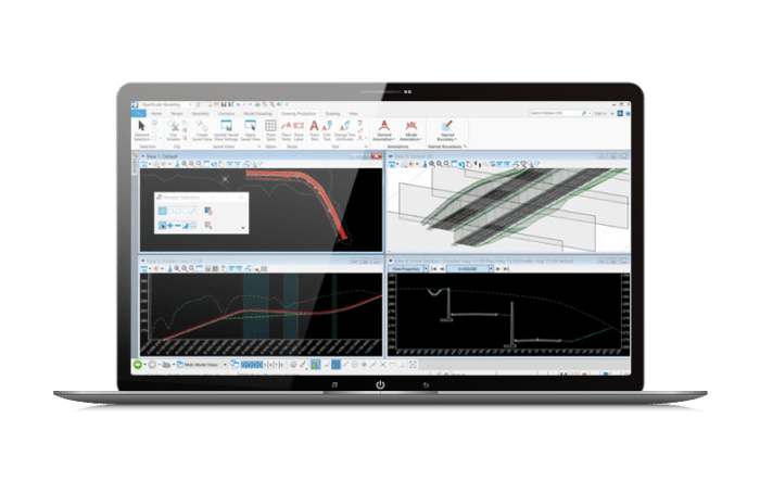 Create profiles and cross-sections from any point within the design in OpenRoads Designer on a laptop