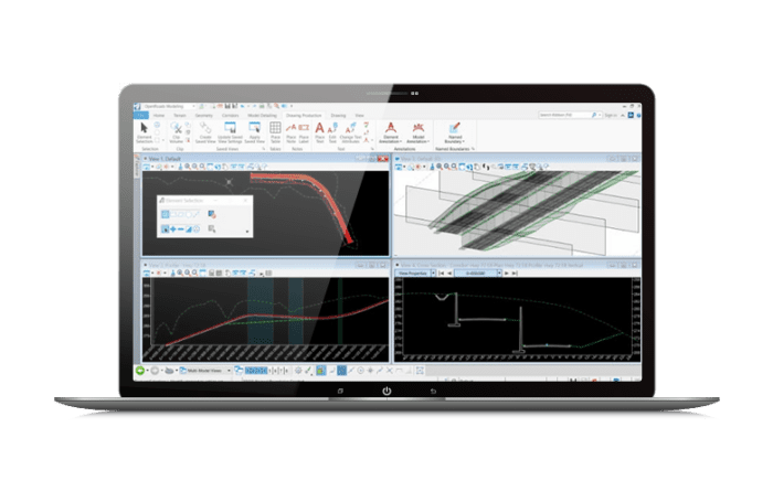 ラップトップ上のOpenRoads Designerでデザイン内の任意のポイントからプロファイルと断面を作成