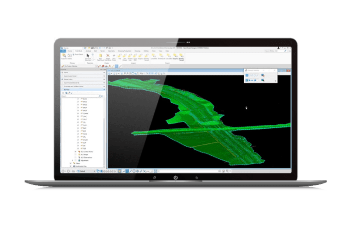 Visually distinguish structure, appearance, and symbology in the design in OpenRoads Designer on a laptop