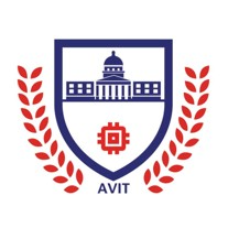 Shield-shaped AVIT logo featuring a building with columns, a red circuit symbol below, and red laurel branches on either side—an emblem of education in India’s distinguished school logos.