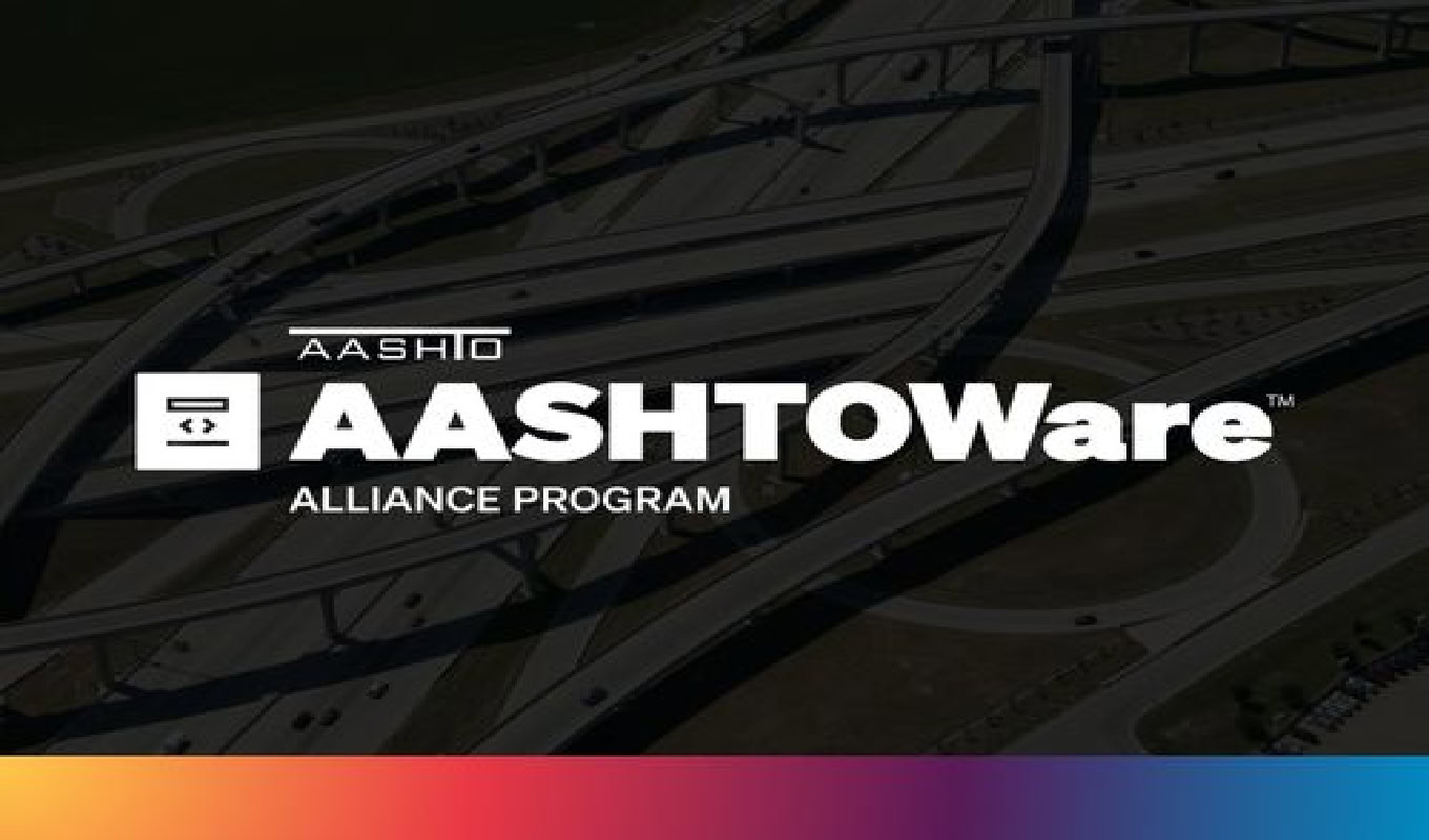 AASHTOWare Alliance Program 2025 logo displayed over an aerial view of complex highway interchanges. Press Announcement Template.