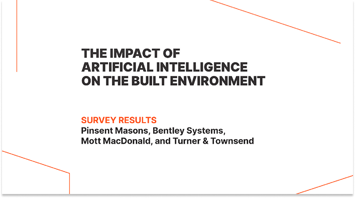 Slide titled "The Impact of Artificial Intelligence on the Built Environment," featuring survey results on Infrastructure AI from Pinsent Masons, Bentley Systems, Mott MacDonald, and Turner & Townsend.