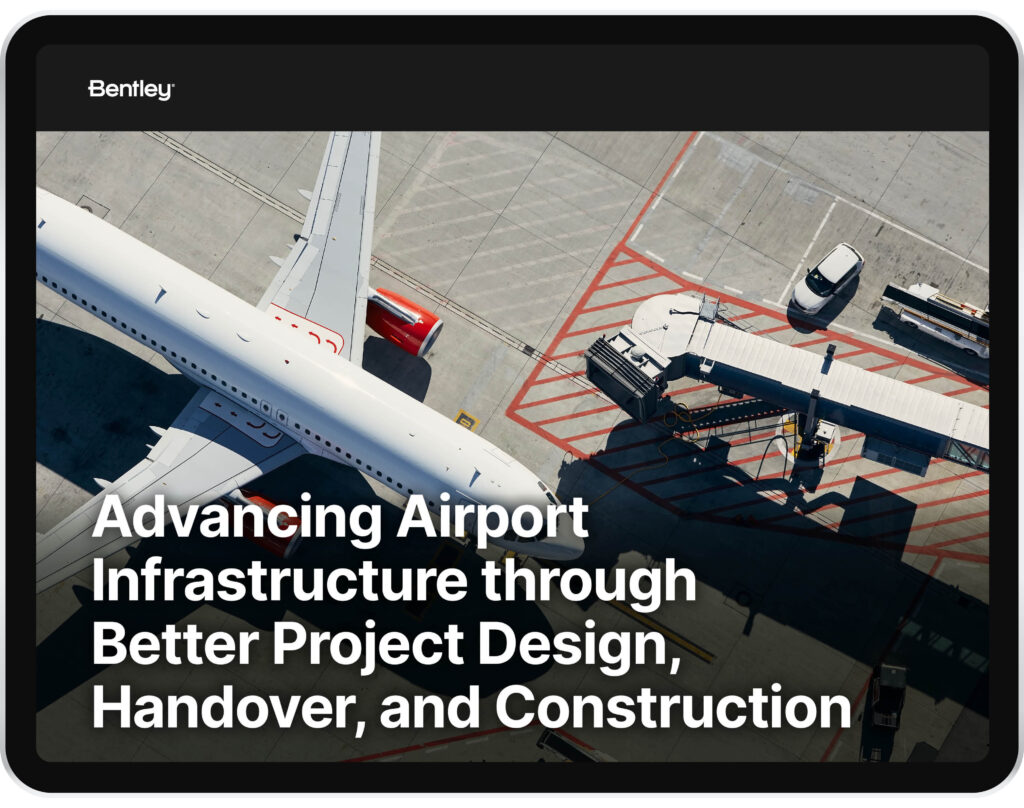 Aerial view of a passenger airplane at an airport gate with a jet bridge, overlaid with text about advancing airport infrastructure.