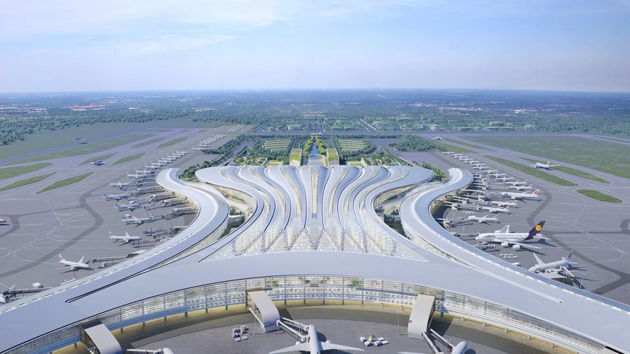 Aerial view of a large, modern airport terminal showcases innovative design, with multiple airplanes parked at gates and runways stretching into the distance.