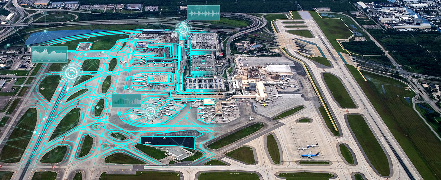 Aerial view of an airport with digital graphics overlay representing data analysis or smart technology integration for streamlined airport operations and maintenance across runways and terminals.