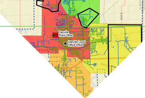A color-coded map highlights the Danville area, with plant and local office locations marked by stars. Utilize OpenFlows for detailed insights, reducing risk in site planning and management.