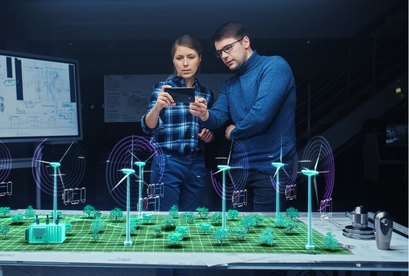 Two people examine a digital model of a wind farm using Bentley Systems' Infrastructure Engineering Software, with holographic elements displayed on the table, surrounded by screens and equipment that bolster their infrastructure intelligence.