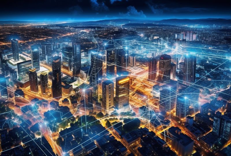 Aerial view of a city at night, with interconnected glowing lines representing Infrastructure Intelligence from Bentley Systems overlaying the skyscrapers and streets.