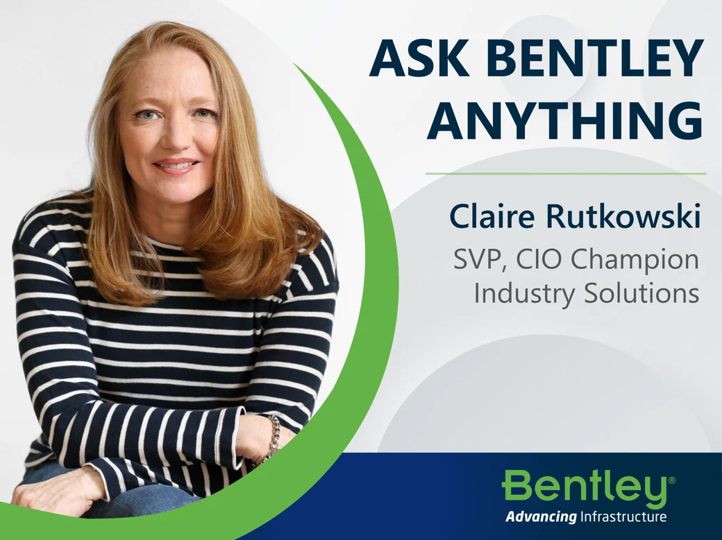 uma imagem com uma mulher loira com o texto "Pergunte qualquer coisa à Bentley" "Claire Rutkowski, Vice-presidente, CIO, Champion Industry Solutions"